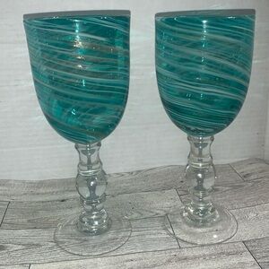 Vintage Aqua White w/ gold swirl blown 8.5 in wine glasses .. heavy weight..
